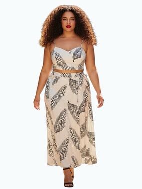 Shein 4XL Tropical Leaf Print 2pc Maxi Skirt Set White Black Side Split